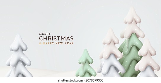 Winter nature landscape with trees in snow and with icicles. Realistic 3d pine trees. Christmas holiday background. Vector illustration