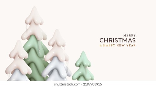 Winter nature landscape with trees in snow and with icicles. Realistic 3d pine trees. Christmas trees with icicles holiday background. Happy New Year  greeting card. Vector illustration