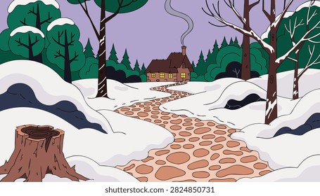 Winter nature landscape vector cartoon storybook forest glade with cottage path
