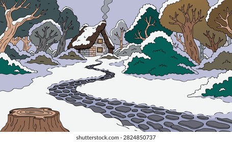 Winter nature landscape vector cartoon storybook forest glade with cottage path

