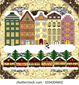Winter nature landscape. Vector illustration. Fabric print. Fir-trees. Winter city with trees, cute houses, sun.