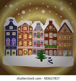 Winter nature landscape. Vector illustration., EPS 10. Winter city with trees, cute houses, sun. Fabric print. Mountains, fir-trees.