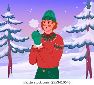 Winter nature. Man shivering in snowy forest. Cold weather. Guy suffering from frost. Trembling person. Wild snow tree. Hypothermia discomfort. Wintertime temperature. Chilly people. Vector concept