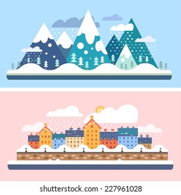 Winter nature. Mountains with snow and city embankment landscapes. Christmas time.  Vector flat illustrations