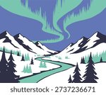 Winter nature scene, aurora sky, pine forest, nordic aesthetic, snow capped peaks, teal river, graphic artwork, cold environment, travel design, arctic.