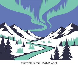Winter nature scene, aurora sky, pine forest, nordic aesthetic, snow capped peaks, teal river, graphic artwork, cold environment, travel design, arctic.