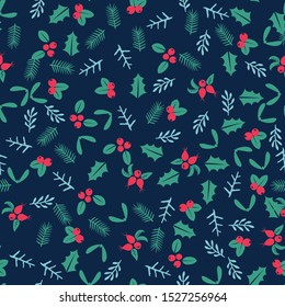 Winter nature seamless pattern background with wild forest berries and leaves retro style vector design