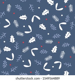 Winter nature seamless pattern background with wild forest berries and leaves retro style vector design