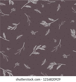 Winter nature seamless pattern.  Delicate hand drawn pine branches. Vector background. Wrapping paper.