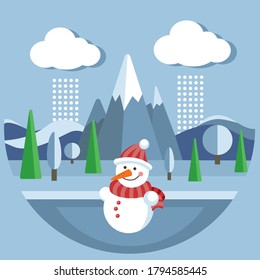 Winter nature, snow-capped mountains and a snowman. New year vector illustration.