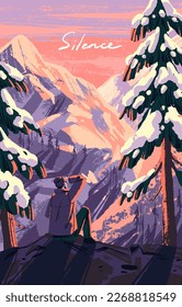 Winter nature travel, adventure poster. Character climbed mountain, sitting on cliff. Calm peaceful landscape with rocks, trees in snow, card. Person looking at sunrise. Flat vector illustration