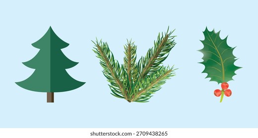 Winter nature trio with stylized tree, realistic pine needles, and holly leaf with berries