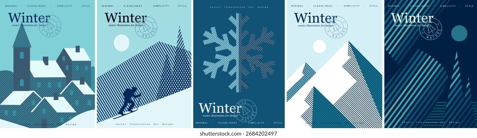 Winter and nature. Vector abstract modern minimalist geometric illustration of a village, alpine mountains, skiing, snowflake, and northern lights for a poster, greeting card, background, or design.