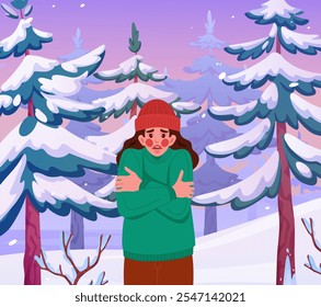 Naturaleza invernal. Mujer temblando en el bosque nevado. Clima frío. Niña que sufre de heladas. Persona temblorosa. Árbol de nieve salvaje. Molestia por hipotermia. Temperatura de invierno. Gente fría. Concepto de Vector