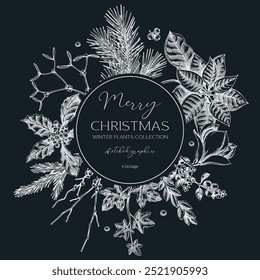 Winter nature wreath design. Christams card template. Conifer trees, winter flowers sketches. Hand-drawn vector illustration on chalkboard. NOT AI generated