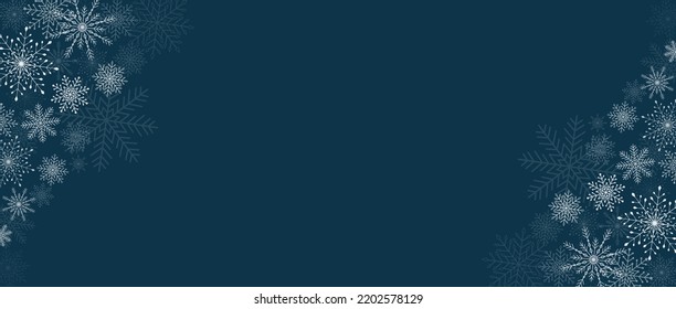 Winter navy blue background with snowflakes. Silver snowflakes on dark background. Luxury vector snowflakes scattered horizontal banner for sale, social media and more. Copy space for your text.