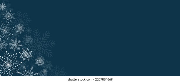 Winter navy blue background with snowflakes. Silver snowflakes on dark background. Luxury vector snowflakes scattered horizontal banner for sale, social media, online party. Copy space for your text.