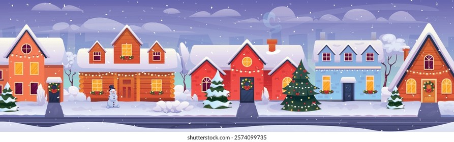 Winter neighborhood. Cartoon christmas village, snowy suburban houses exterior snow city street with snowfall cold weather scene residential cottage swanky vector illustration original artwork