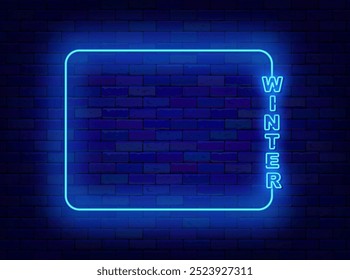 Winter neon banner. Merry Christmas. Empty blue frame and winter text. Holiday and season sale. Light advertising. Copy space. Editable stroke. Vector stock illustration