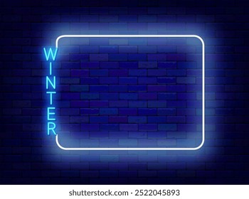 Winter neon greeting card. Merry Christmas. Empty white frame and xmas text. Holiday and season sale. Light advertising. Copy space. Editable stroke. Vector stock illustration