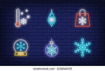 Winter neon sign set. Bauble, snowflake, thermometer, shopping bag. Vector illustration in neon style for topics like December holidays, Christmas sale, snowfall