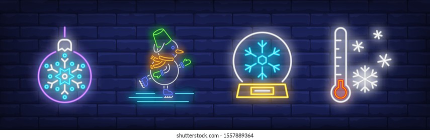 Winter neon sign set. Bauble with snowflake, thermometer, snowfall. Vector illustration in neon style for topics like December holidays, Christmas vacation, New Year