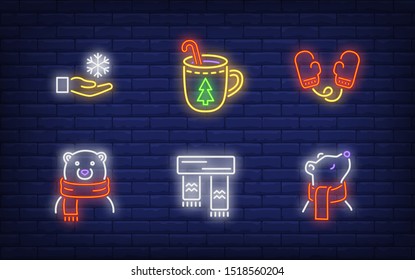 Winter neon sign set with polar bear in scarf, Christmas drink, mittens, snowflake in hand. Vector illustration in neon style, bright billboard for topics like vacation, December holiday, leisure