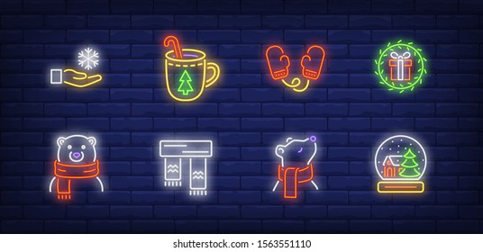 Winter neon sign set with polar bear in scarf, Christmas drink, mittens, snowflake in hand. Vector illustration in neon style, bright billboard for topics like vacation, December holiday, leisure