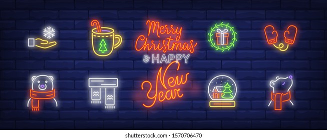 Winter neon sign set with polar bear in scarf, Christmas drink, mittens, snowflake in hand. Vector illustration in neon style, bright billboard for topics like vacation, December holiday, leisure