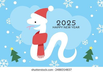 Winter new year  2025 card. Cartoon snake with santa hat on a snowy background. Lunar new year 2025 greeting card for new year of the snake.