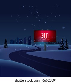 winter new year background with road leading to distant city