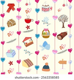 Winter New Year with Cake,Tree,Heart Cute Tone,Home Seamless Pattern for Background ,Wallpaper,Vector,Illustration,Backdrop Style