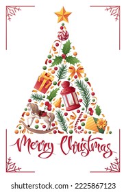 Winter New Year card. Christmas tree from a Christmas decor. Festive design for greeting card, banner, poster, invitation. Vector illustration