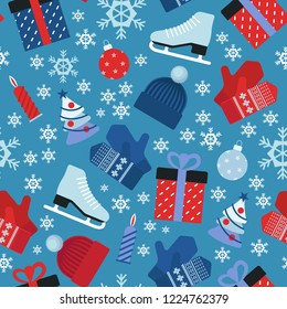 Winter, New Year or Christmas blue and red seamless pattern. Knitted hat, skates, mittens, christmas balls, burning candles, christmas trees and snow flakes. Vector illustration isolated, flat design.