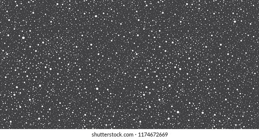 Winter, New Year, Christmas or cosmic, galaxy, night sky seamless pattern, background. Elongated rectangle shape. Hand drawn falling snow, stars, dot snowflakes, flakes, splash, spray, blobs texture.