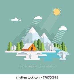Winter, New Year, Christmas Landscape. Morning view in the mountains. Solitude in nature by the river. Weekend in the tent. Hiking and camping. Vector flat illustration