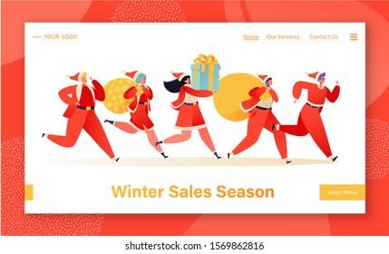 Winter or New Year and Christmas sale concept for landing page template. Seasonal discount website layout with flat people characters carrying gifts. Easy to edit and customize mobile website banner.