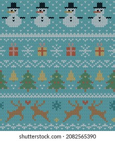 winter, new year and christmas seamless knitted sweater pattern background with christmas tree, snowmen, deer, gifts and bells