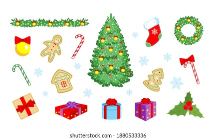 Winter New Year and Christmas set of elements isolated on white background. Festive collection for design. Vector stock illustration.