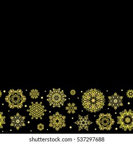 Winter, New Year, Christmas simple design on a black background. Snow crystal regular texture on yellow and beige colors with copy space. Vector seamless pattern with horizontal stylized snowflakes.