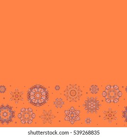 Winter, New Year, Christmas simple design on a orange background. Vector seamless pattern with horizontal stylized snowflakes. Snowflake doodles with place for your text. Snow crystal regular texture.