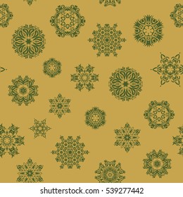 Winter, New Year, Christmas simple design on a yellow background. Snow crystal regular texture. Vector seamless pattern with stylized snowflakes. Snowflake doodles.