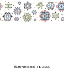 Winter, New Year, Christmas simple design on a white background. Snow crystal regular texture on blue and green colors with copy space. Vector seamless pattern with horizontal stylized snowflakes.