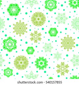 Winter, New Year, Christmas simple design on a white background. Snow crystal regular texture on green colors. Vector seamless pattern with stylized snowflakes.