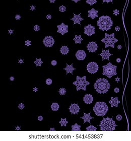 Winter, New Year, Christmas simple design on a black background. Snow crystal regular texture on violet colors. Vector seamless pattern with stylized snowflakes.