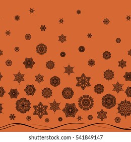 Winter, New Year, Christmas simple design on a orange background. Snowflake doodles. Snow crystal regular texture. Vector seamless pattern with stylized snowflakes.