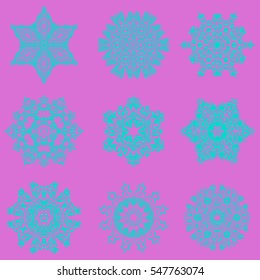 Winter, New Year, Christmas simple design on a violet background. Snow crystal with regular texture. Vector set of 9 stylized snowflakes.