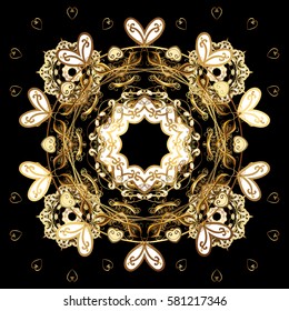 Winter, New Year, Christmas simple design on a black background. Snowflake doodles. Vector with stylized gold snowflakes. Snow crystal regular texture.