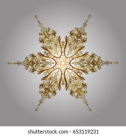 Winter, New Year, Christmas simple design on a white background. Snowflake doodles. Vector with stylized gold snowflakes. Snow crystal regular texture.