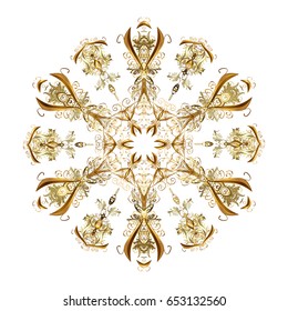 Winter, New Year, Christmas simple design on a white background. Vector with stylized gold snowflakes. Snow crystal regular texture. Snowflake doodles.